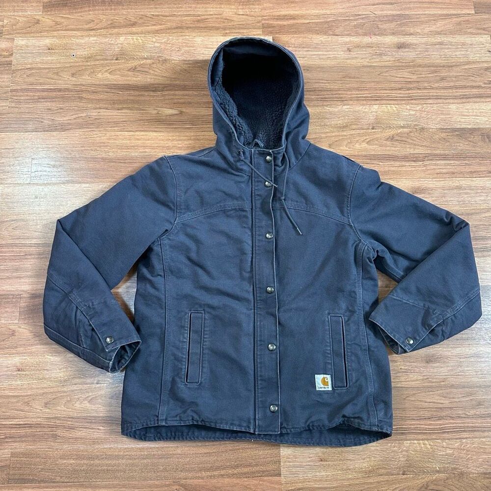 Carhartt Sandstone Berkley Hooded Jacket Vintage Workwear Style Purple Sherpa Li